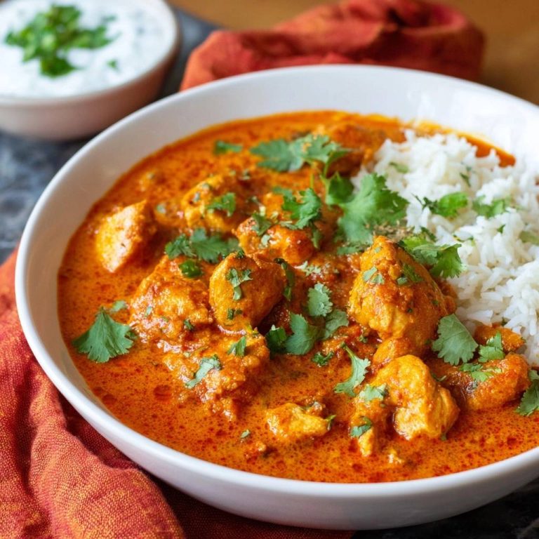 Cremiges Butter Chicken mit Reis und Raita, serviert in einer Schüssel mit frischem Koriander garniert und mit Raita serviert.