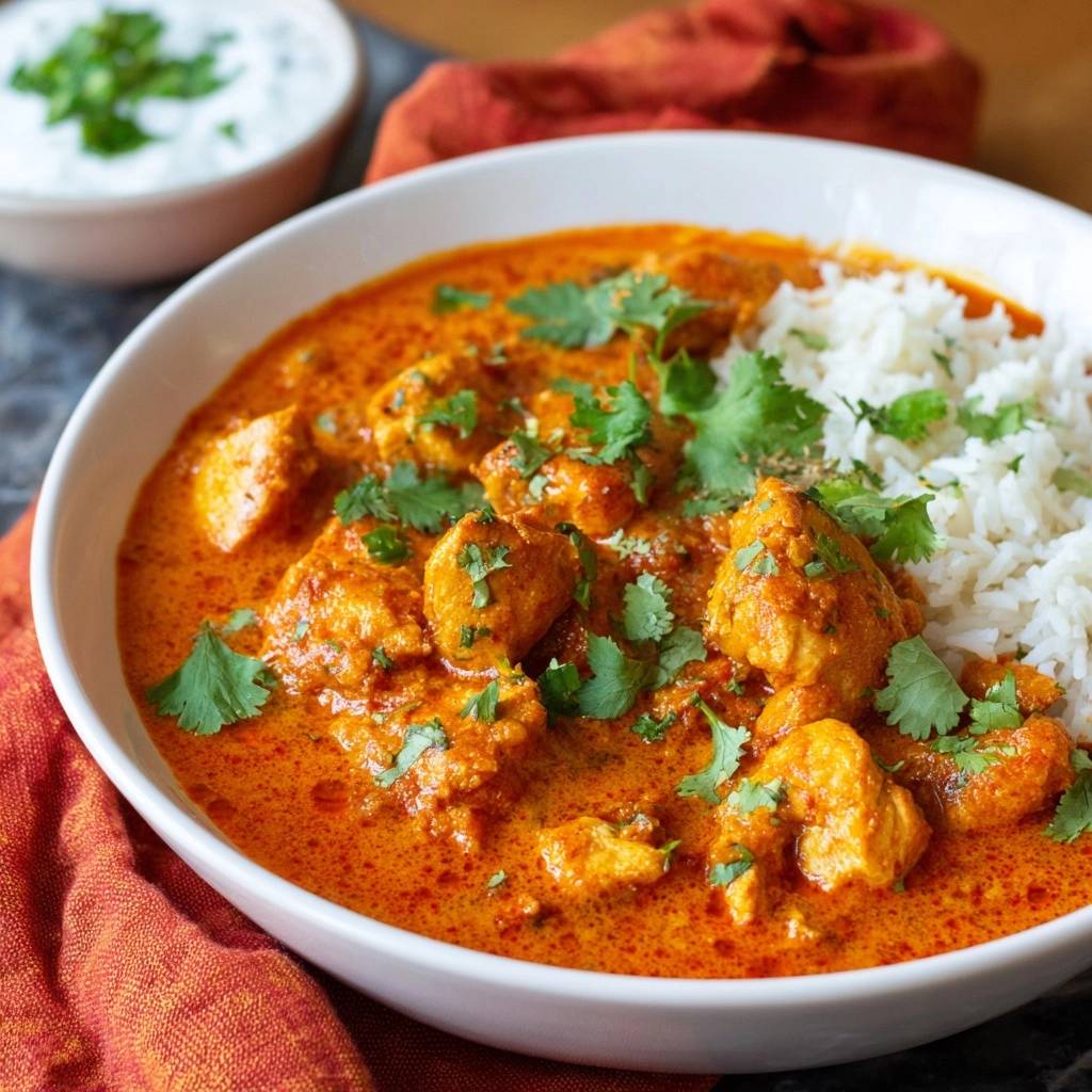Cremiges Butter Chicken mit Reis und Raita, serviert in einer Schüssel mit frischem Koriander garniert und mit Raita serviert.