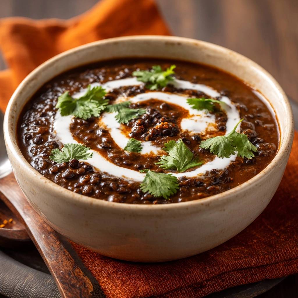 Cremiges Dal Makhani Garniert Mit Koriander 1 Cremiges Dal Makhani garniert mit Koriander und einem Swirl aus Sahne in einer Schüssel