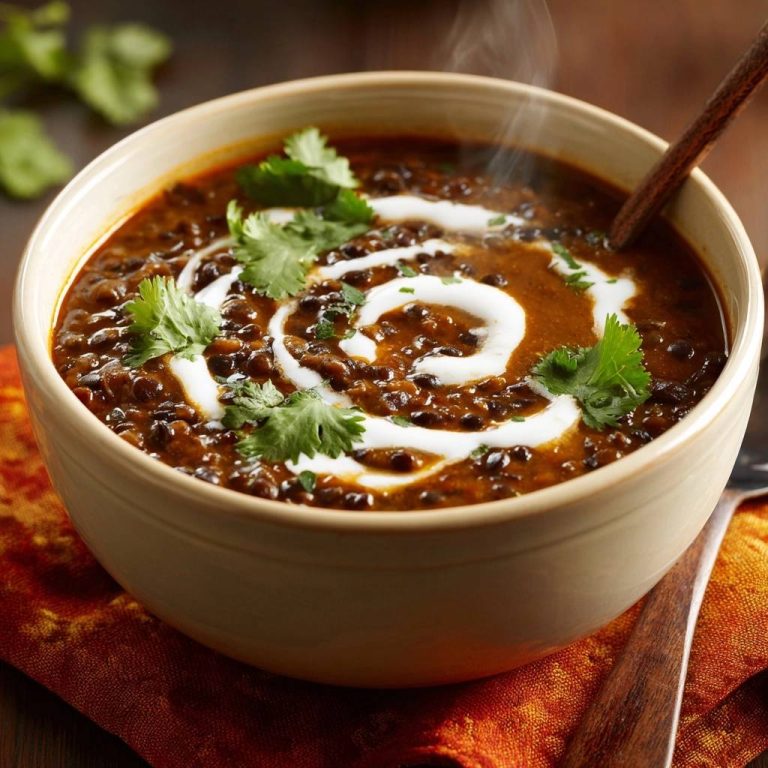 Cremiges Dal Makhani, serviert in einer Schüssel mit einem Swirl aus Sahne und frischen Korianderblättern als Garnierung.
