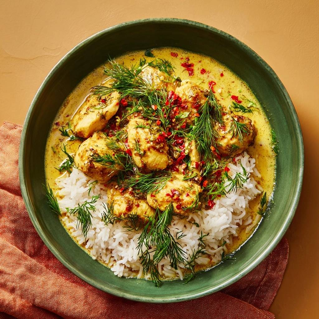 Cremiges Dill-Hähnchen-Curry mit Reis, serviert in einer grünen Schüssel und garniert mit Dill und Chili.