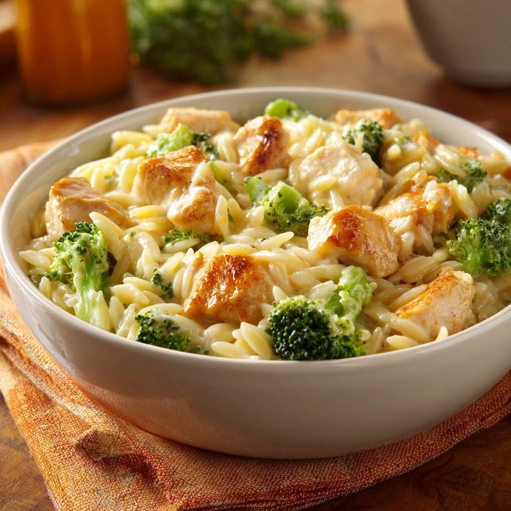 Cremiges Hahnchen Orzo Mit Brokkoli Nahaufnahme 1 Cremiges Hähnchen-Orzo mit Brokkoli & Karotten: Eine Nahaufnahme zeigt das cremige Orzo mit Hähnchen und Brokkoli in einer Schüssel.