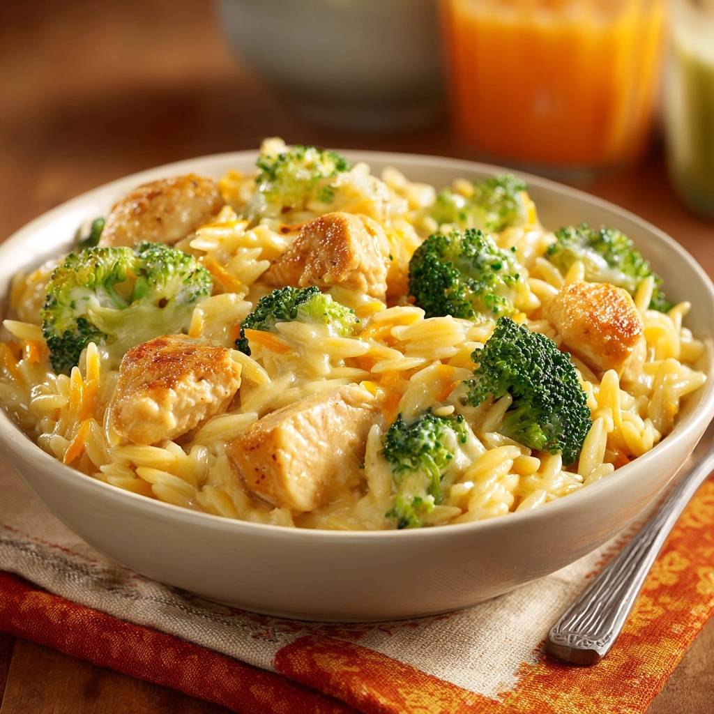 Cremiges Hähnchen-Orzo mit Brokkoli & Karotten wird in einem cremigen Gericht serviert, das mit Brokkoli-Röschen und Hähnchenstücken belegt ist.