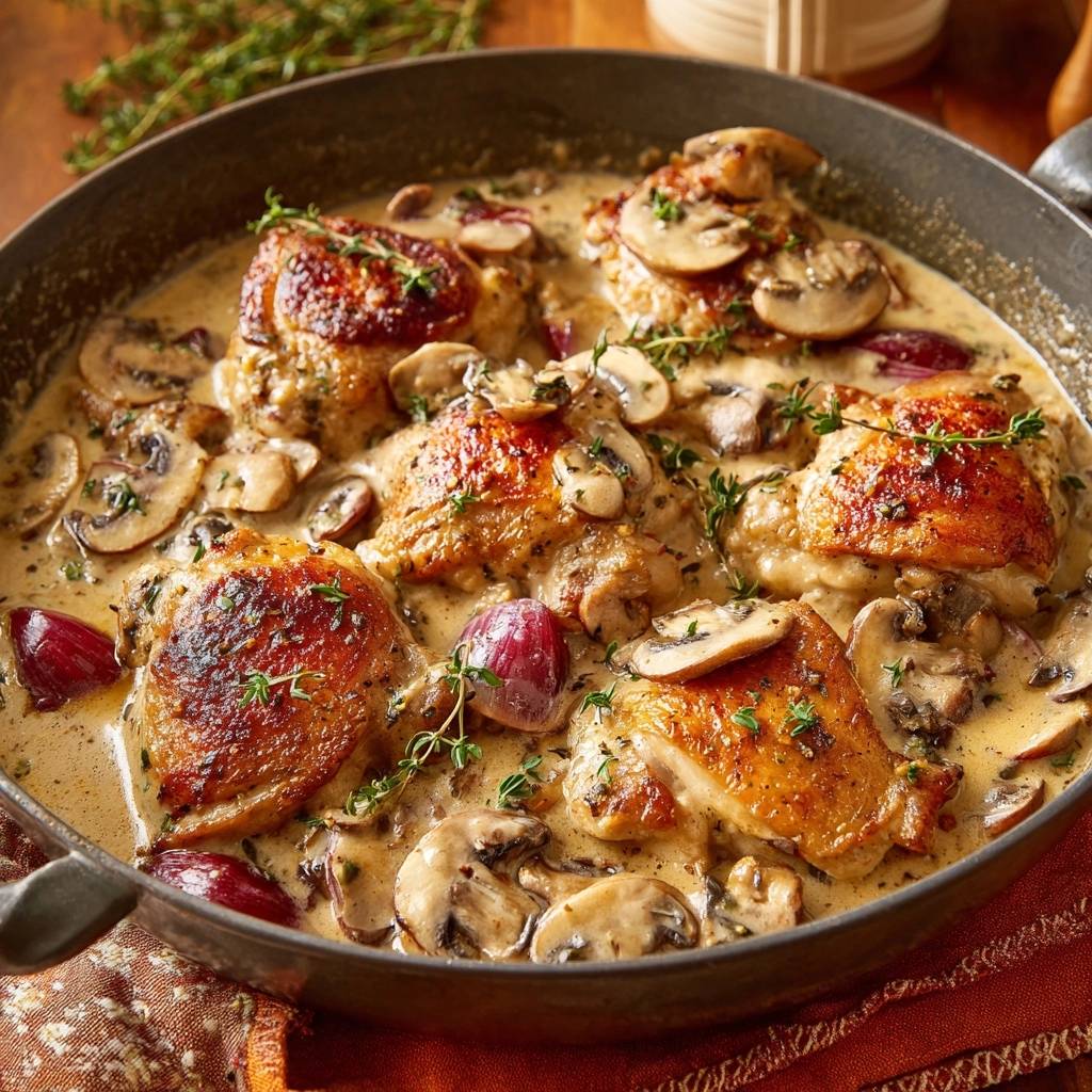 Cremiges Hähnchen mit Pilzen und Trauben in einer Pfanne, serviert mit cremiger Sauce, Pilzen und frischem Thymian von oben gesehen.
