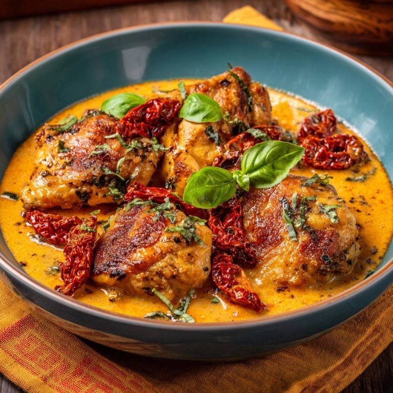 Cremiges Hähnchen mit Sonnentomaten & Basilikum, serviert in einer blauen Schüssel, von oben betrachtet. Saftiges Hähnchen mit sonnengetrockneten Tomaten und frischem Basilikum garniert.