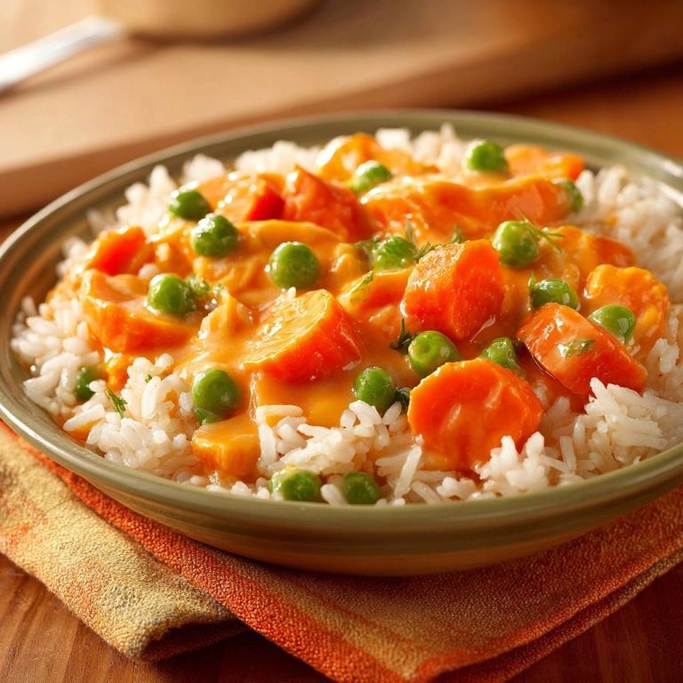 Cremiges Karotten-Erbsen-Curry mit Reis, serviert in einer Schüssel, mit Reis und leuchtenden Karotten- und Erbsen-Toppings. Ein köstliches vegetarisches Gericht.