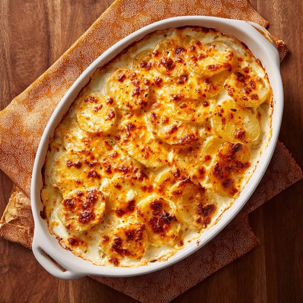 Cremiges Kartoffelgratin in einer Auflaufform, von oben betrachtet, mit goldbraun gebackenen Kartoffelscheiben und Käse.