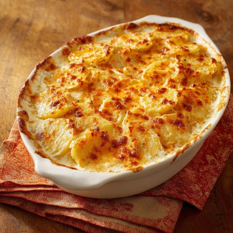 Cremiges Kartoffelgratin, frisch aus dem Ofen, mit goldbrauner Kruste, in einer ovalen Auflaufform serviert. Ein köstliches Kartoffelgericht.