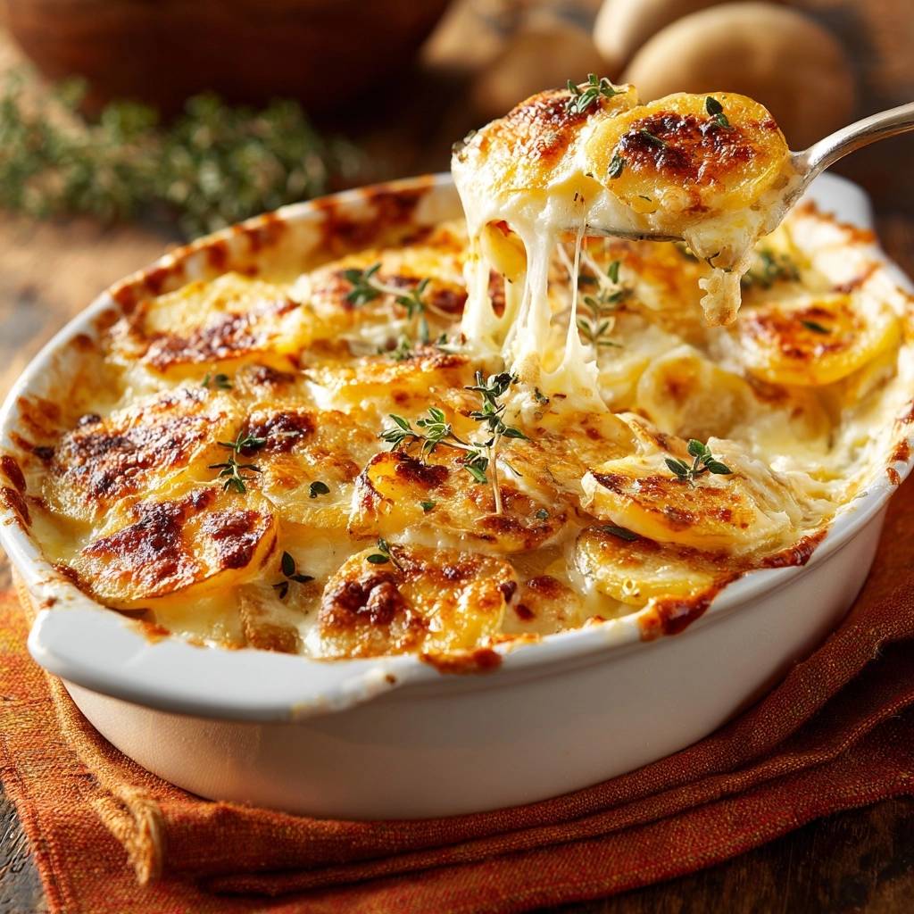 Cremiges Kartoffelgratin, bei dem der Käse herrlich zieht, serviert in einer Auflaufform, garniert mit frischen Kräutern.