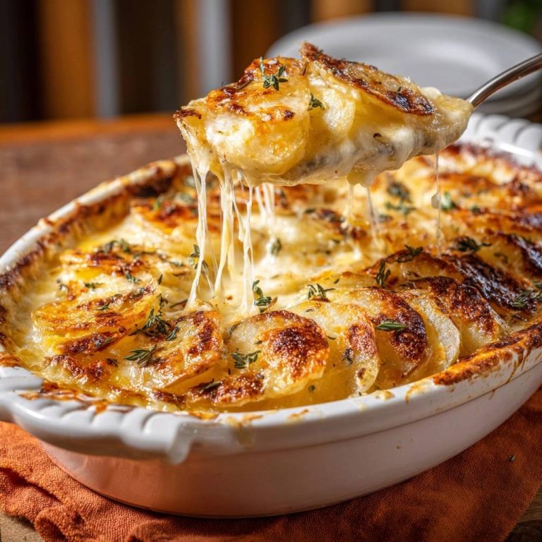 Cremiges Kartoffelgratin mit Käsezug, der sich beim Herausheben aus der Auflaufform zieht, perfekt gebacken und appetitlich angerichtet.