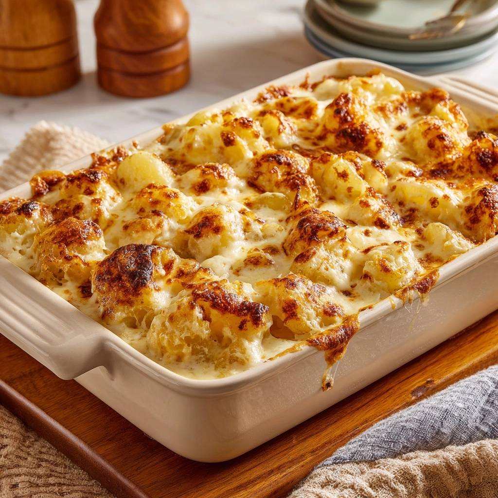 Cremiges Kartoffelgratin Ohne Waessrige Sauce Draufsicht 1 Cremiges Kartoffelgratin ohne wässrige Sauce in einer Auflaufform, mit goldbraun gebackenem Käse und cremiger Konsistenz. Die Kartoffeln sind mit einer reichhaltigen Sauce bedeckt.
