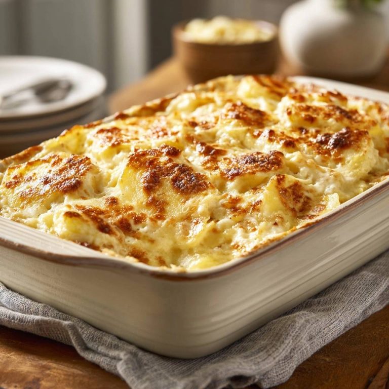 Cremiges Kartoffelgratin ohne wässrige Sauce in einer Auflaufform, von oben fotografiert, mit goldbrauner Kruste und cremiger, leicht gebräunter Oberfläche.