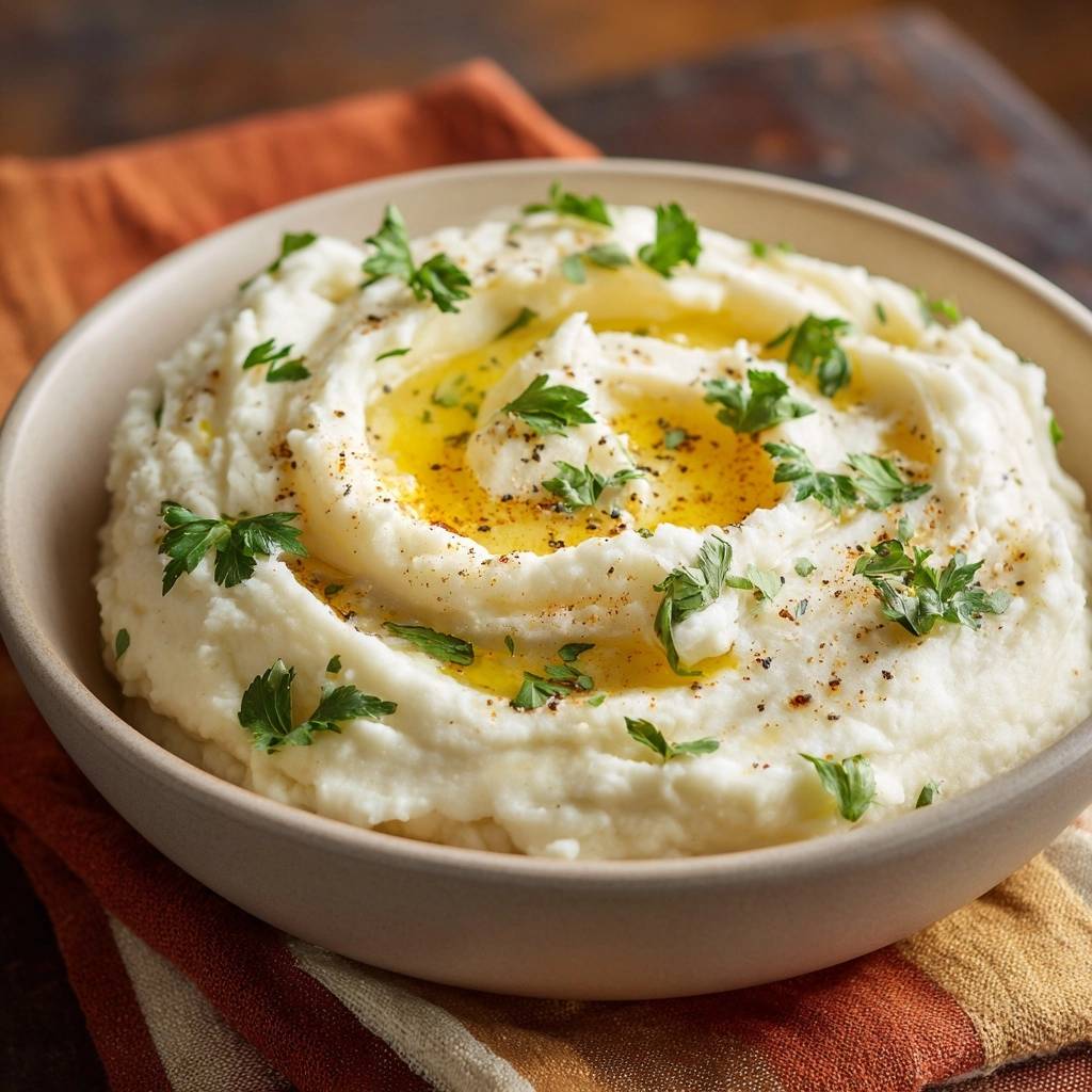 Cremiges Kartoffelpüree in einer Schüssel, von oben fotografiert, mit Olivenöl beträufelt und mit frischer Petersilie garniert.