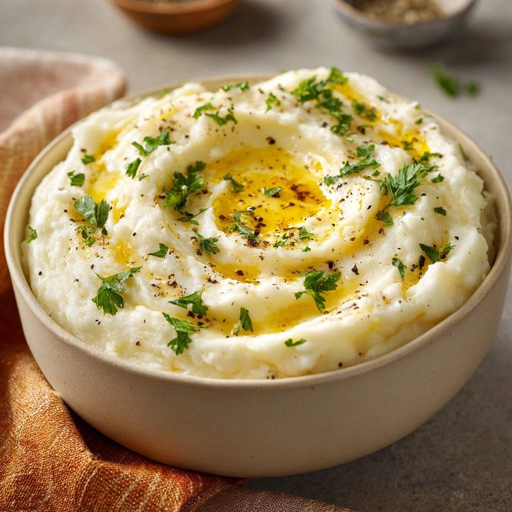 Cremiges Kartoffelpüree, verfeinert mit Olivenöl und frischer Petersilie, präsentiert in einer Keramikschale, von oben betrachtet.