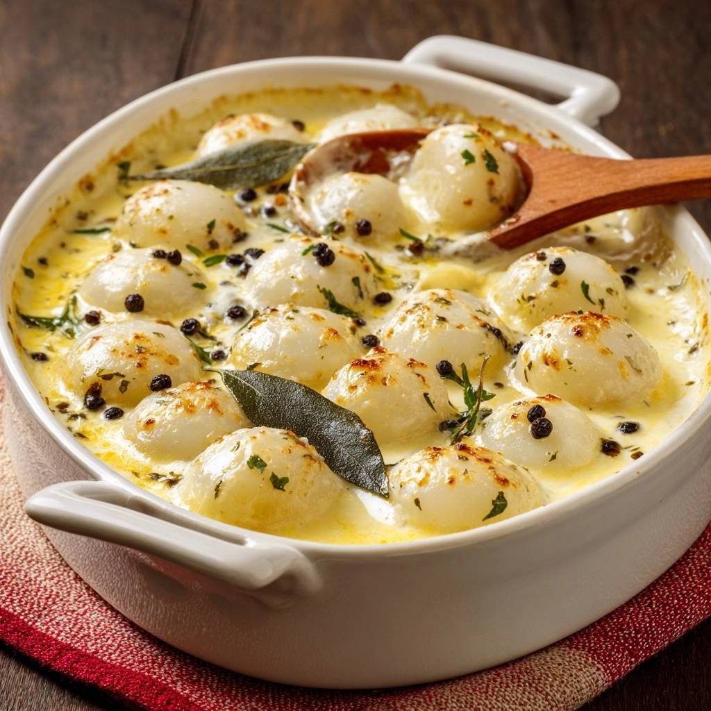 Cremiges Perlzwiebel-Gratin mit einem Holzlöffel, der aus der Auflaufform schöpft, garniert mit Kräutern und Pfeffer.