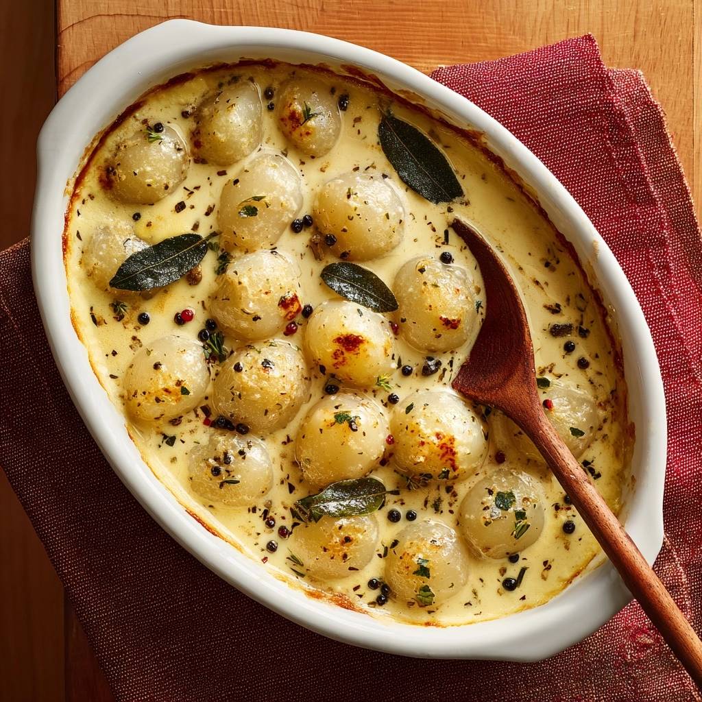 Cremiges Perlzwiebel-Gratin in einer weißen Auflaufform mit Holzschöpflöffel, garniert mit Kräutern und Pfefferkörnern.