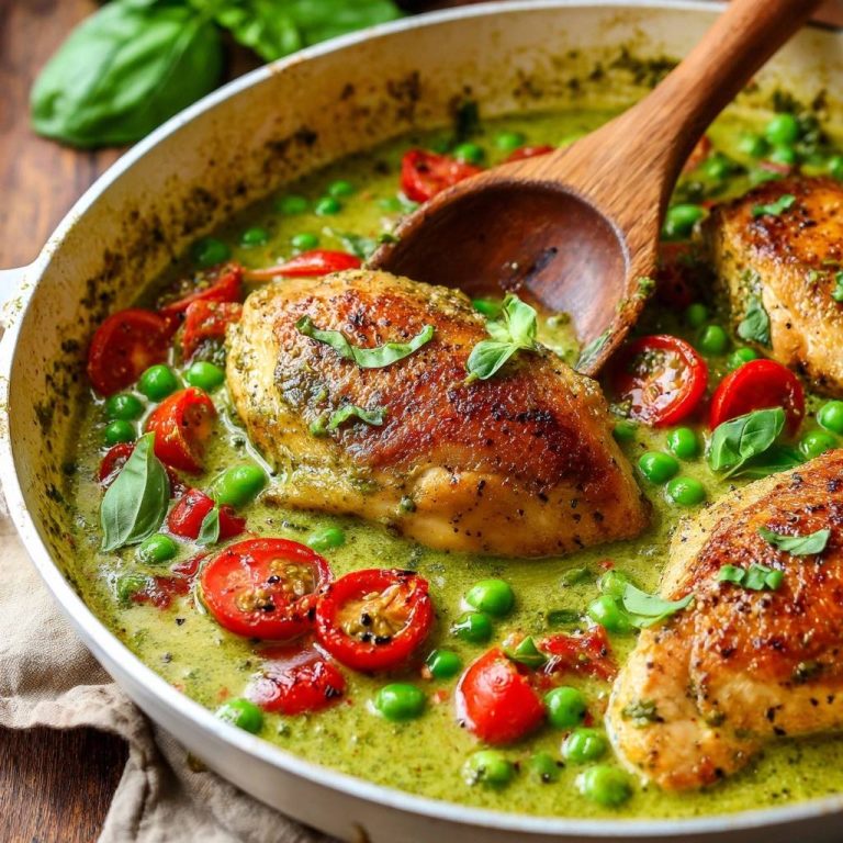 Cremiges Pesto-Hähnchen mit Erbsen & Tomaten in einer Nahaufnahme, serviert in einer Pfanne mit frischen Kirschtomaten und Erbsen.