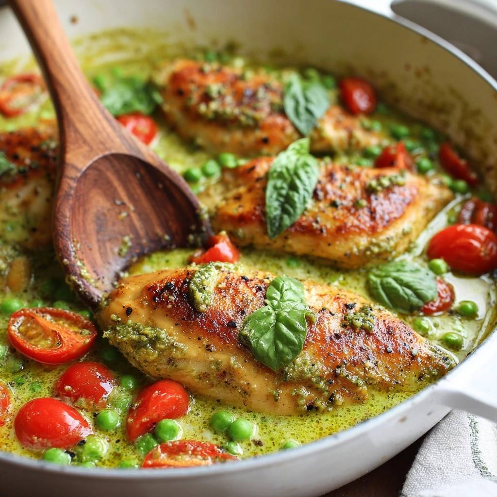 Cremiges Pesto-Hähnchen mit Erbsen & Tomaten in einer Pfanne, mit frischen Basilikumblättern und einer Nahaufnahme der goldbraunen Hähnchenbrust.