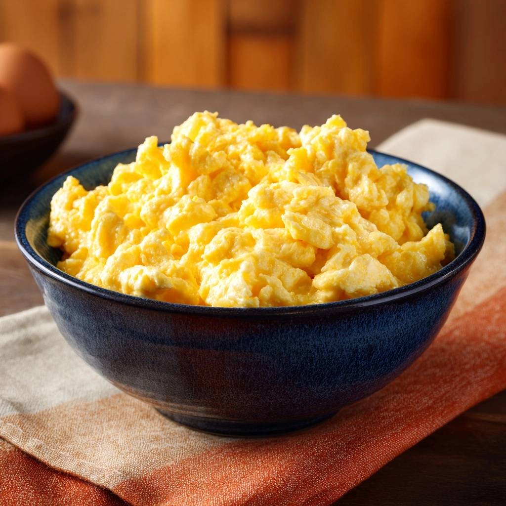 Cremiges Ruehrei Serviert In Blauer Schale 1 Cremiges Rührei, serviert in einer tiefblauen Schüssel, präsentiert eine üppige Portion des cremigen Frühstücksgerichtes auf einem rustikalen Untersetzer.