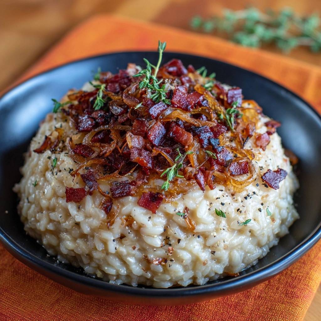 Cremiges Speck-Zwiebel-Risotto, serviert in einer schwarzen Schüssel, mit knusprigem Speck und Zwiebeln garniert, von oben fotografiert, angerichtet auf einem orangefarbenen Untersetzer.