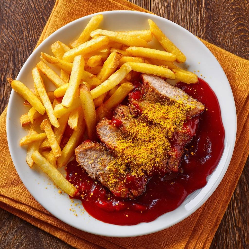 Currywurst mit Pommes auf einem Teller serviert, mit Ketchup und Currypulver bestreut, aus der Vogelperspektive betrachtet.