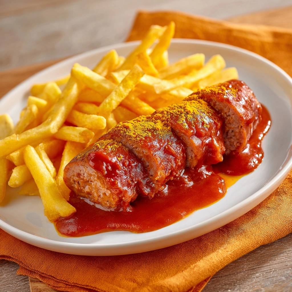 Currywurst mit Pommes serviert auf einem weißen Teller, daneben goldgelbe Pommes und eine großzügige Sauce. Eine typische deutsche Imbiss-Spezialität.