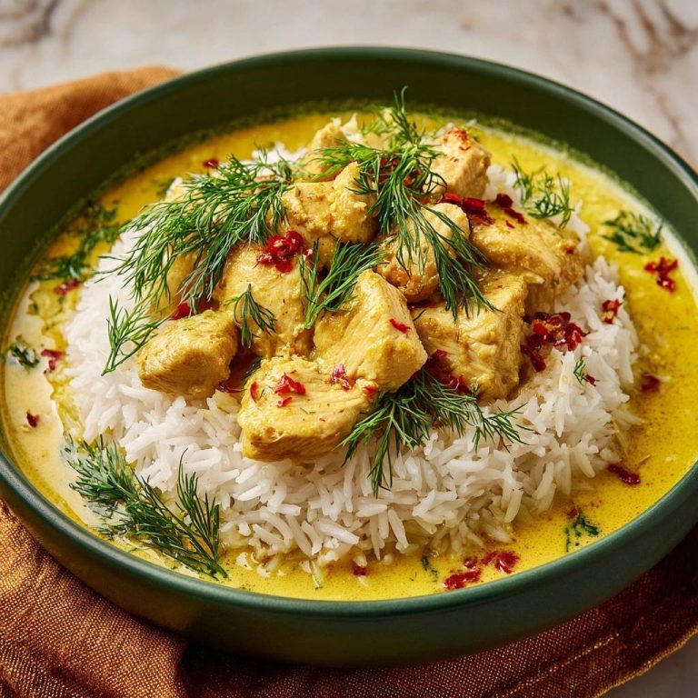 Cremiges Dill-Hähnchen-Curry mit Reis, serviert in einer grünen Schüssel als Nahaufnahme mit Dill und Chili-Flocken garniert.