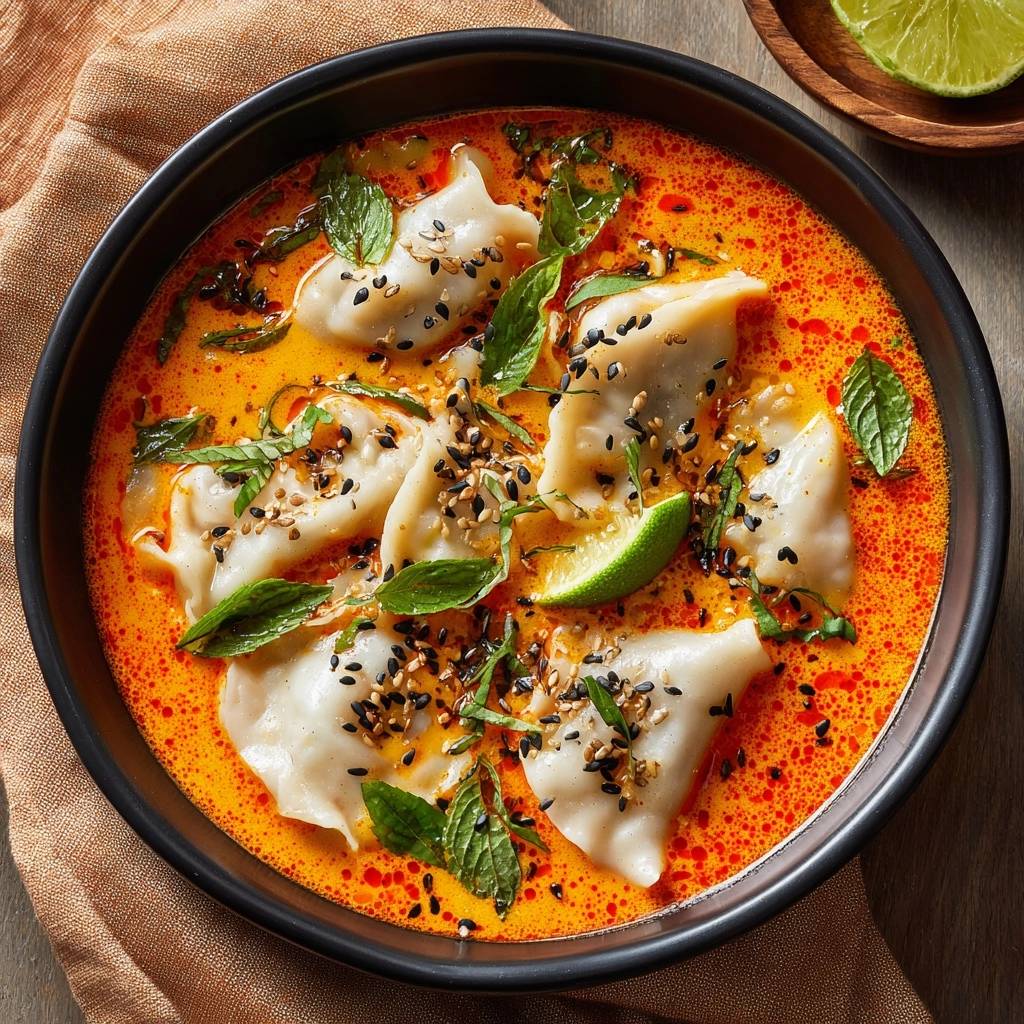 Dumplings In Cremiger Roter Curry Suppe Draufsicht 1 Dumplings in cremiger roter Curry-Suppe in einer schwarzen Schüssel von oben gesehen, mit frischen Kräutern und Limettenspalte garniert.