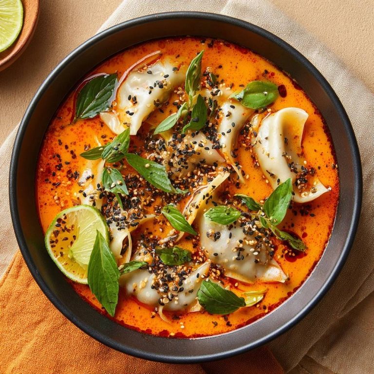 Dumplings in cremiger roter Curry-Suppe, draufsicht. Eine köstliche Schüssel mit gedämpften Maultaschen in cremiger roter Curry-Brühe, garniert mit frischen Kräutern.