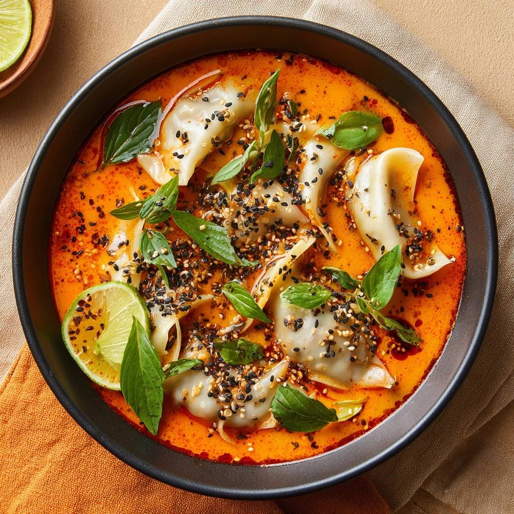 Dumplings in cremiger roter Curry-Suppe, draufsicht. Eine köstliche Schüssel mit gedämpften Maultaschen in cremiger roter Curry-Brühe, garniert mit frischen Kräutern.