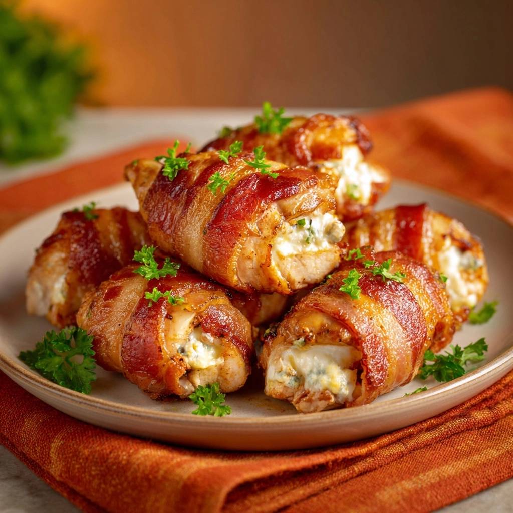 Saftiges Feta-Hähnchen im Bacon-Mantel, nah aufgenommen auf einem Teller mit frischer Petersilie garniert.