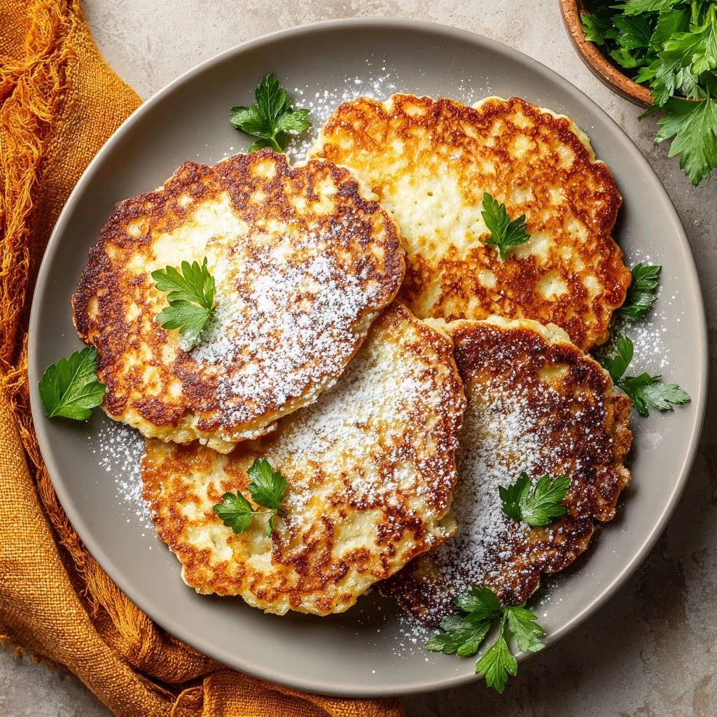 Fluffige American Pancakes Draufsicht Garniert 1 Fluffige American Pancakes, serviert auf einem Teller und mit Puderzucker bestäubt, garniert mit frischer Petersilie.