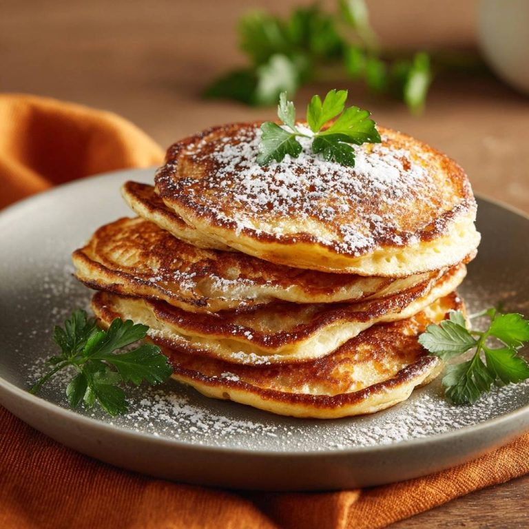 Fluffige American Pancakes, garniert mit Puderzucker und frischer Petersilie, werden auf einem grauen Teller serviert und laden zum Genuss ein.