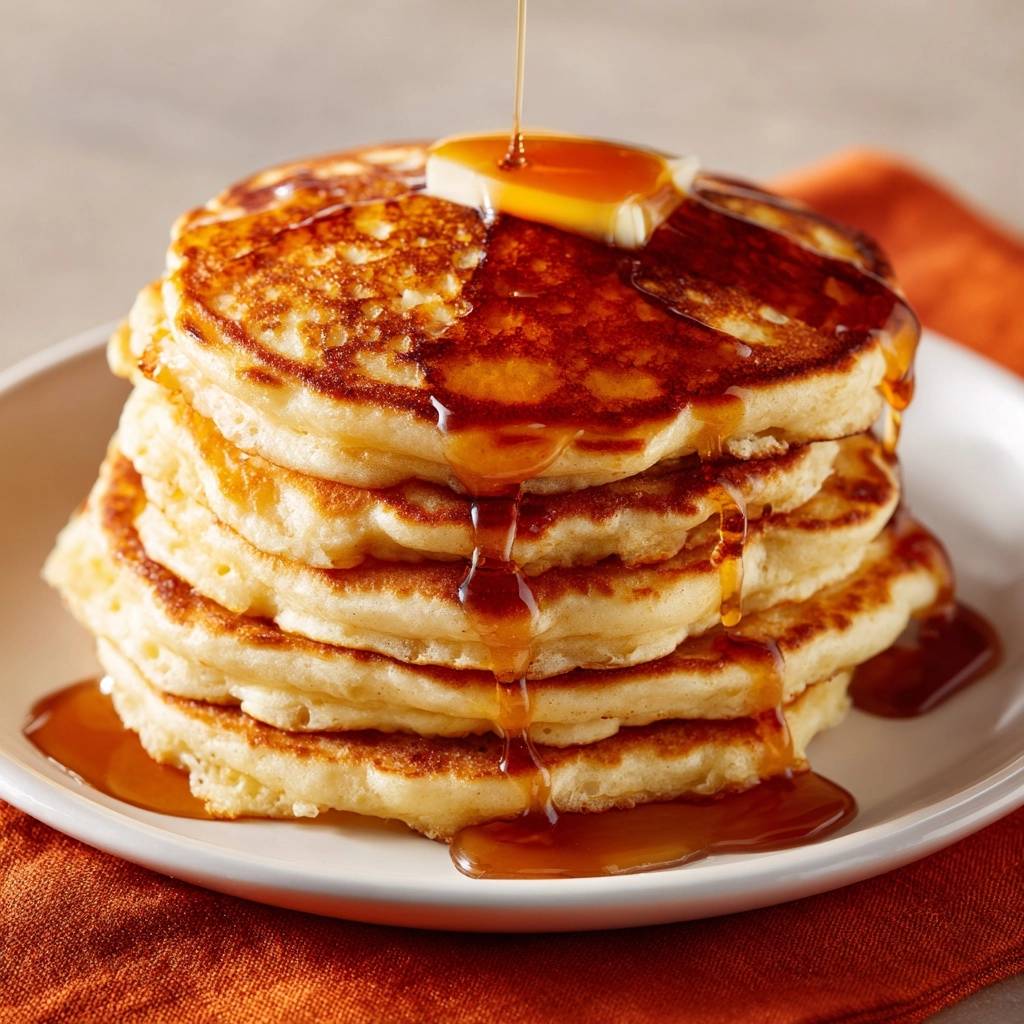 Fluffige American Pancakes Sirup Fliesst 1 Fluffige American Pancakes mit reichlich Ahornsirup, der über den Stapel der goldbraunen Pfannkuchen fließt. Ein Butterstück liegt obenauf.