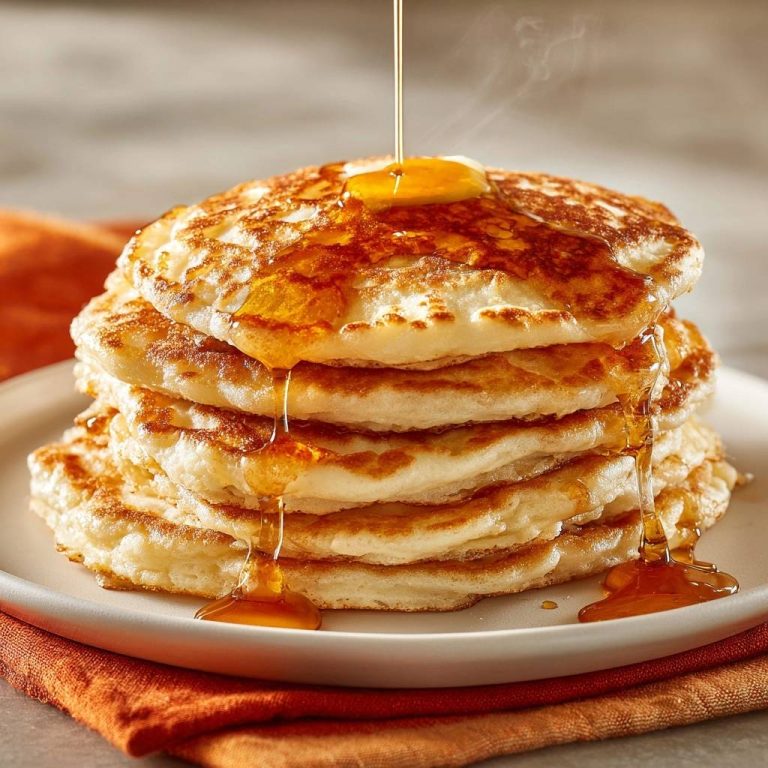 Fluffige American Pancakes mit reichlich Sirup, der über den Stapel der goldbraun gebackenen Pfannkuchen fließt.