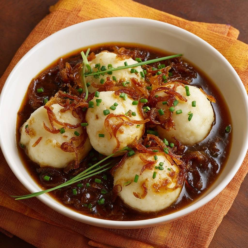 Fluffige Kartoffelknoedel In Wuerziger Zwiebelso Von Oben 1 Fluffige Kartoffelknödel in würziger Zwiebelsoße, serviert in einer weißen Schüssel, garniert mit knusprigen Zwiebeln und Schnittlauch, draufsicht.