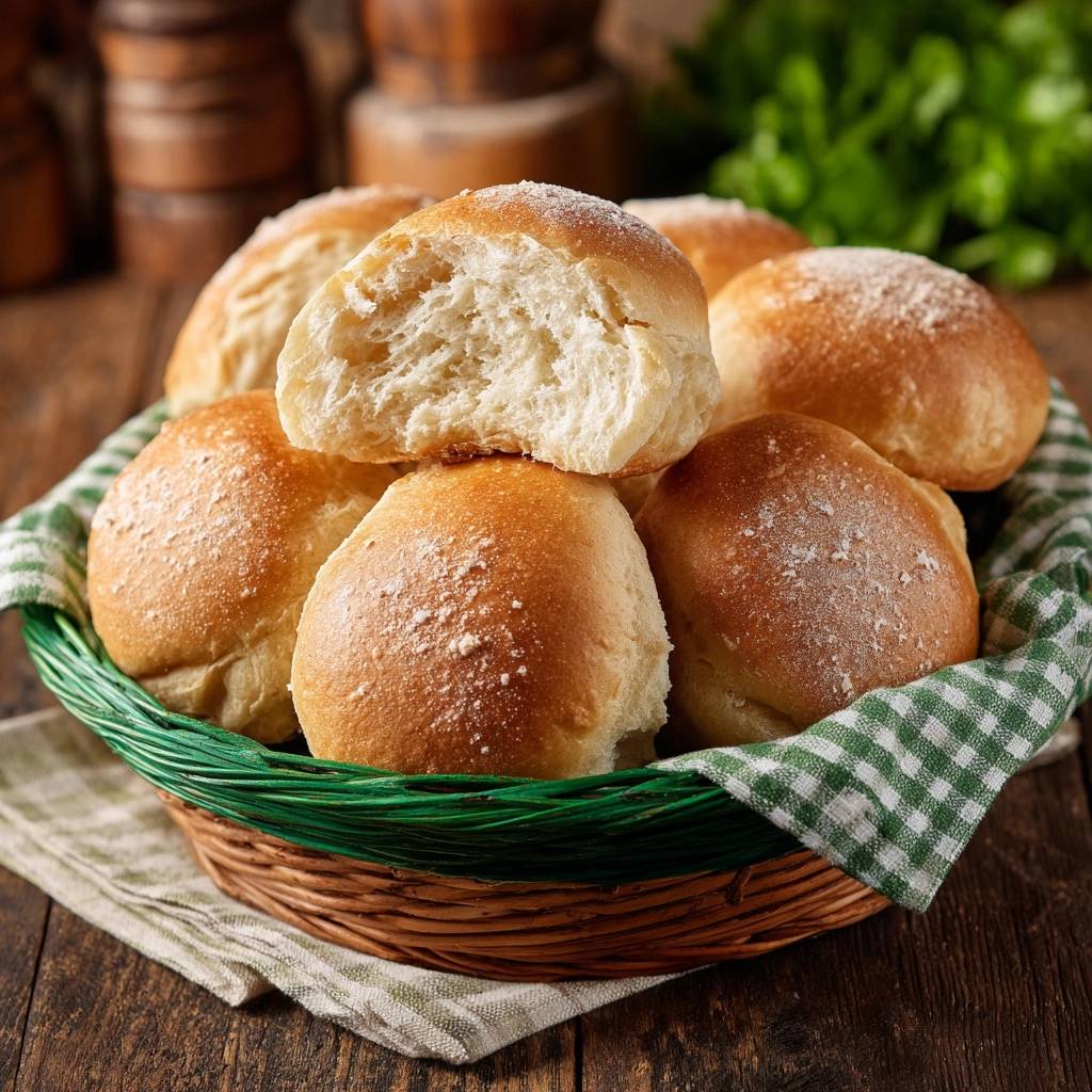 Fluffige Salzbrötchen, frisch aus dem Ofen, mit einem Blick auf die weiche, luftige Innenstruktur, die zum Reinbeißen einlädt.