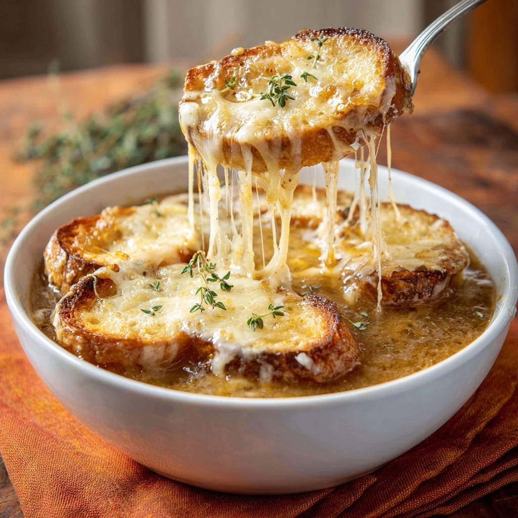 Franzosische Zwiebelsuppe Kaese Faden Nahaufnahme 1 Französische Zwiebelsuppe mit Käsefäden in Nahaufnahme. Ein Löffel hebt ein knuspriges Brot mit geschmolzenem Käse aus der Suppe.