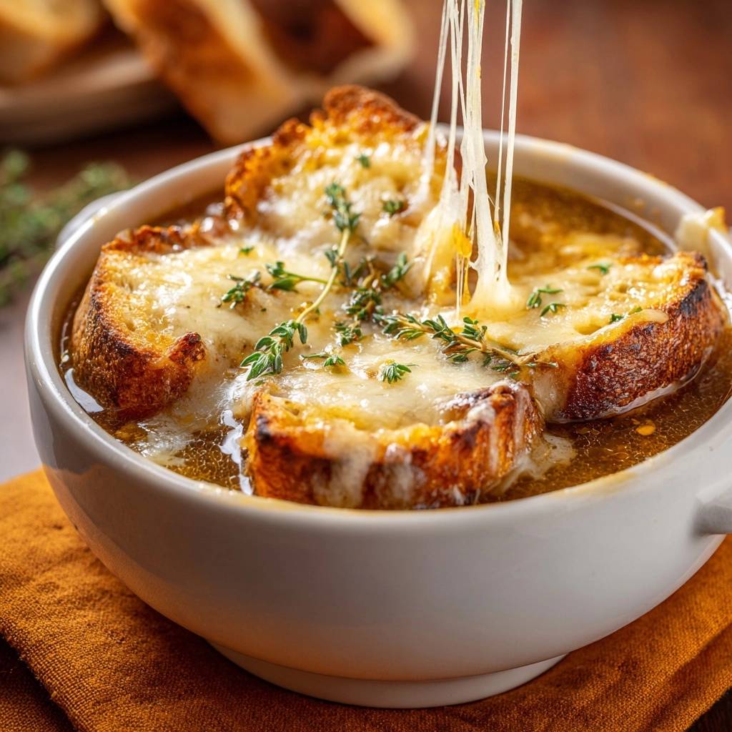 Französische Zwiebelsuppe mit geschmolzenem Käse, der sich in langen Fäden vom gerösteten Brot zieht, serviert in einer Schüssel.