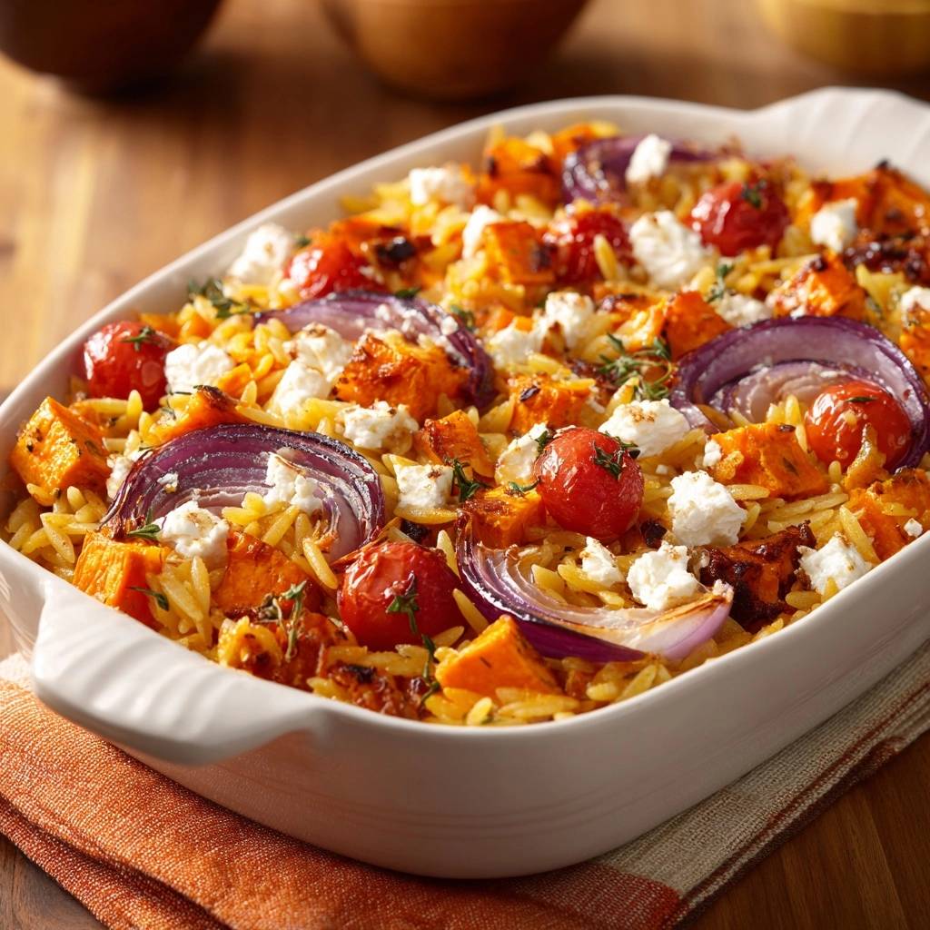 Gebackener Kurbis Orzo Mit Tomaten Feta Draufsicht 1 Gebackener Kürbis-Orzo mit Tomaten und Feta in einer Auflaufform, serviert in einer Nahaufnahme von oben. Die fertige Mahlzeit ist mit Feta garniert.