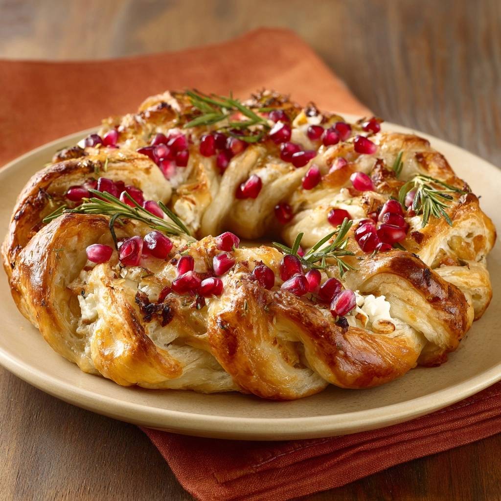 Geflochtener Speck Feta Granatapfel Rosmarin Kranz Draufsich 1 Geflochtener Speck-Feta-Granatapfel-Rosmarin-Kranz, serviert auf einem Teller, mit frischen Granatapfelkernen und Rosmarinzweigen garniert.