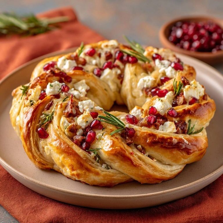 Geflochtener Speck-Feta-Granatapfel-Rosmarin-Kranz von oben betrachtet, garniert mit frischem Rosmarin und Granatapfelkernen.