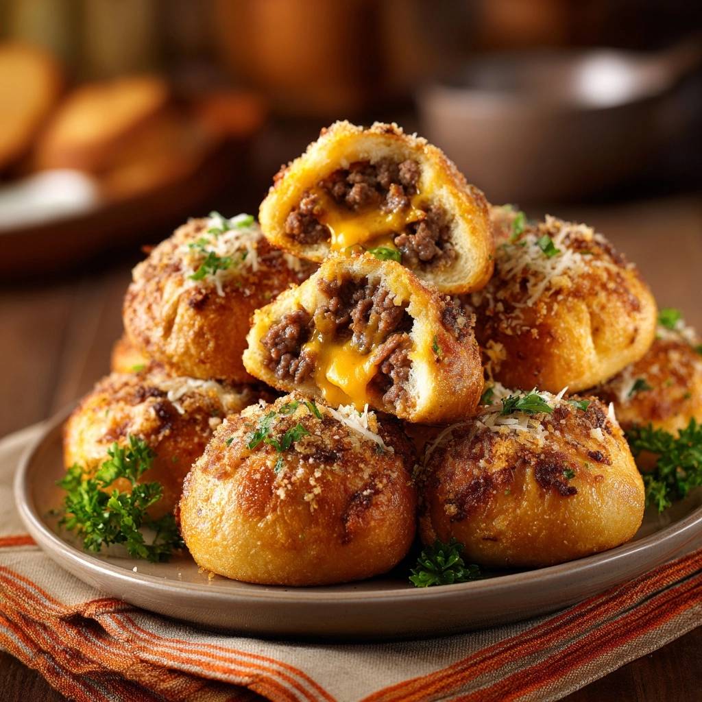 Gefüllte Hack-Käse-Brötchen zeigen einen appetitlichen Querschnitt, der die saftige Hackfleischfüllung mit geschmolzenem Käse enthüllt.
