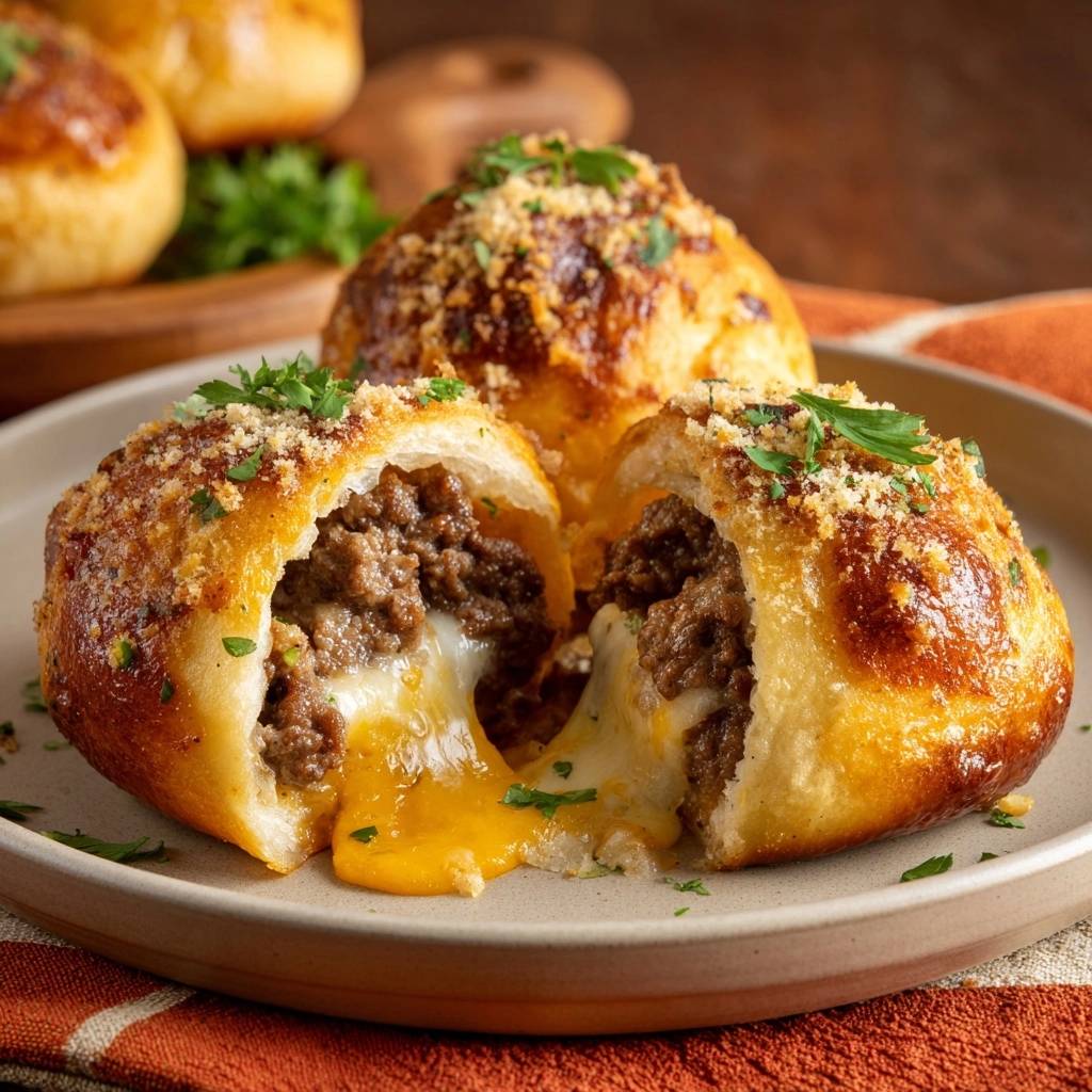 Gefüllte Hack-Käse-Brötchen zeigen hier einen verführerischen Querschnitt, der die geschmolzene Käsefüllung und das Hackfleisch-Innere enthüllt.