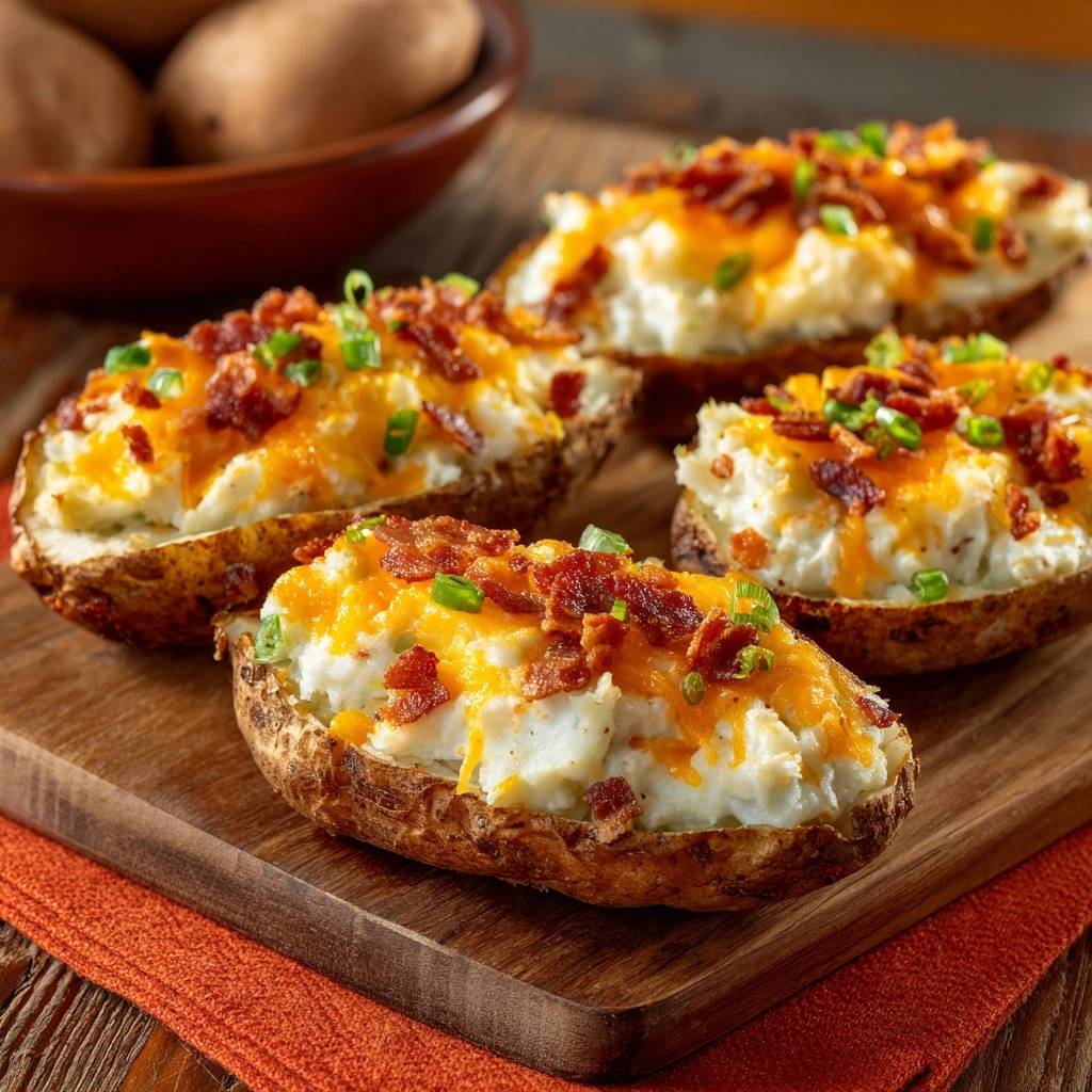 Gefüllte Ofenkartoffeln mit Käse, Pute & Schnittlauch, serviert auf einem rustikalen Holzbrett, garniert mit knusprigem Speck und frischem Schnittlauch.