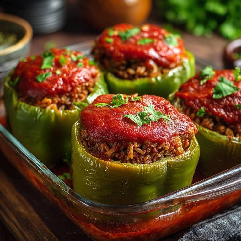 Gefüllte Paprika mit saftiger Hack-Reis-Füllung, serviert in einer Glasform, mit einer großzügigen Schicht Tomatensauce bedeckt und mit frischer Petersilie garniert.