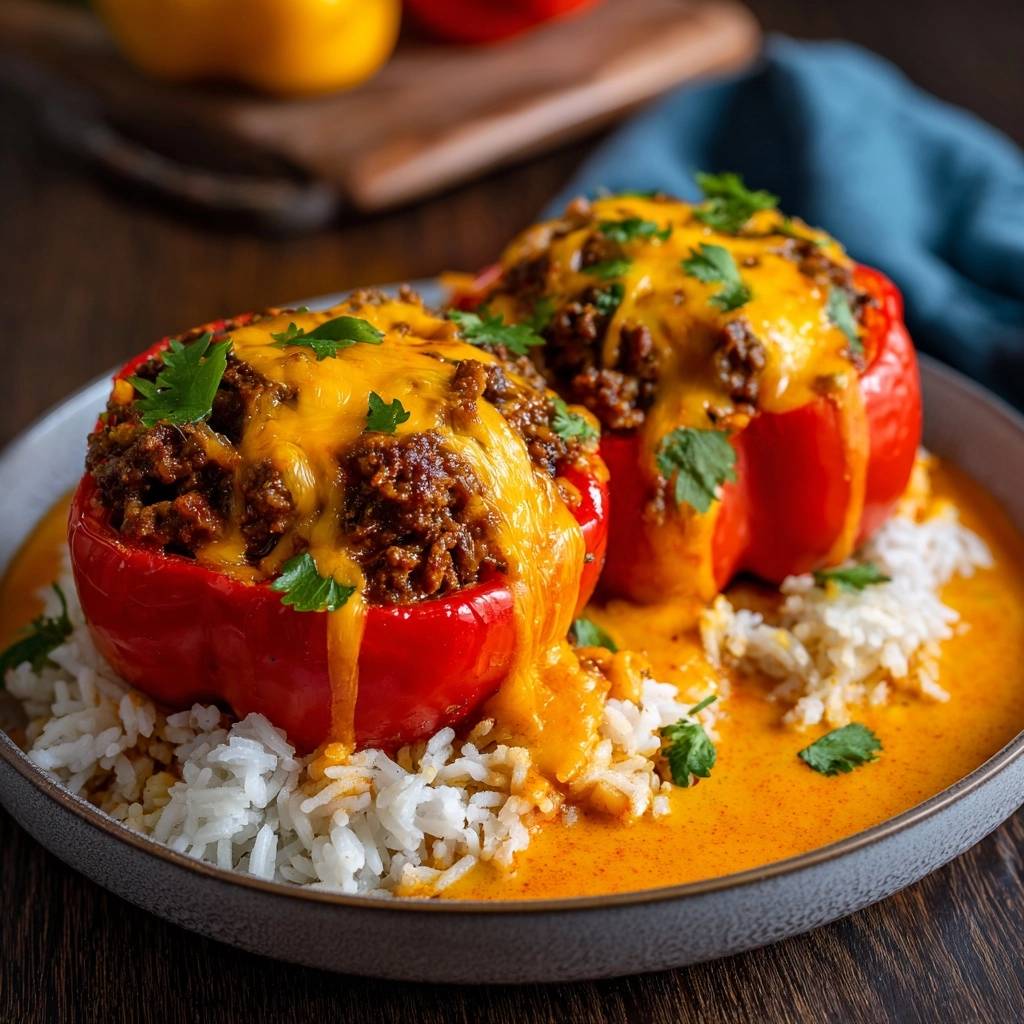 Gefüllte Paprika mit Hack und Käse, serviert auf Reis, mit geschmolzenem Käse und frischer Petersilie garniert. Ein herzhaftes Gericht.