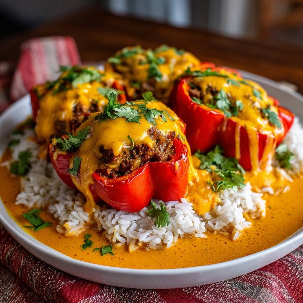 Gefüllte Paprika mit Hack und Käse serviert auf Reis, bedeckt mit geschmolzenem Käse und frischen Kräutern, serviert auf einem Teller.