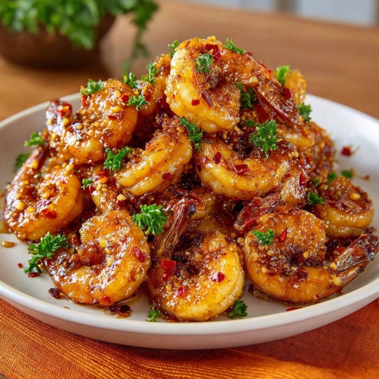 Glänzende Knoblauch-Chili-Garnelen, serviert auf einem weißen Teller, draufsicht. Die Garnelen sind mit Chili-Flocken und frischer Petersilie garniert.
