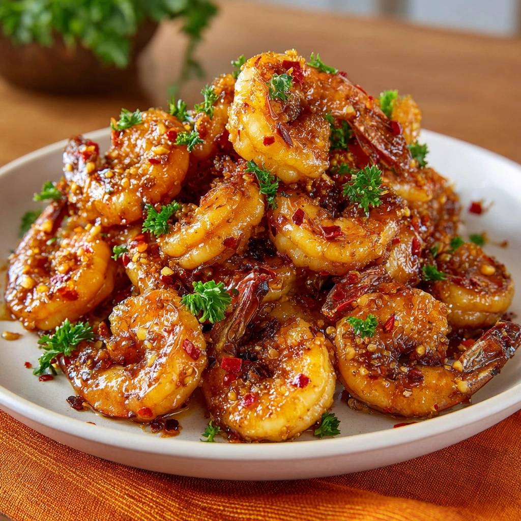Glänzende Knoblauch-Chili-Garnelen, serviert auf einem weißen Teller, draufsicht. Die Garnelen sind mit Chili-Flocken und frischer Petersilie garniert.